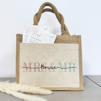 Personalisierte Geschenktasche | Mrs + Mr | mit Name | Jute Pocket Tasche | Hochzeit | besondere Geschenkverpackung zur Vermählung