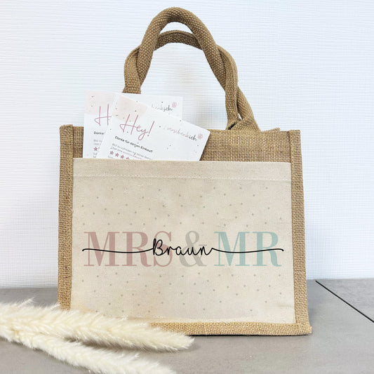 Personalisierte Geschenktasche | Mrs + Mr | mit Name | Jute Pocket Tasche | Hochzeit | besondere Geschenkverpackung zur Vermählung