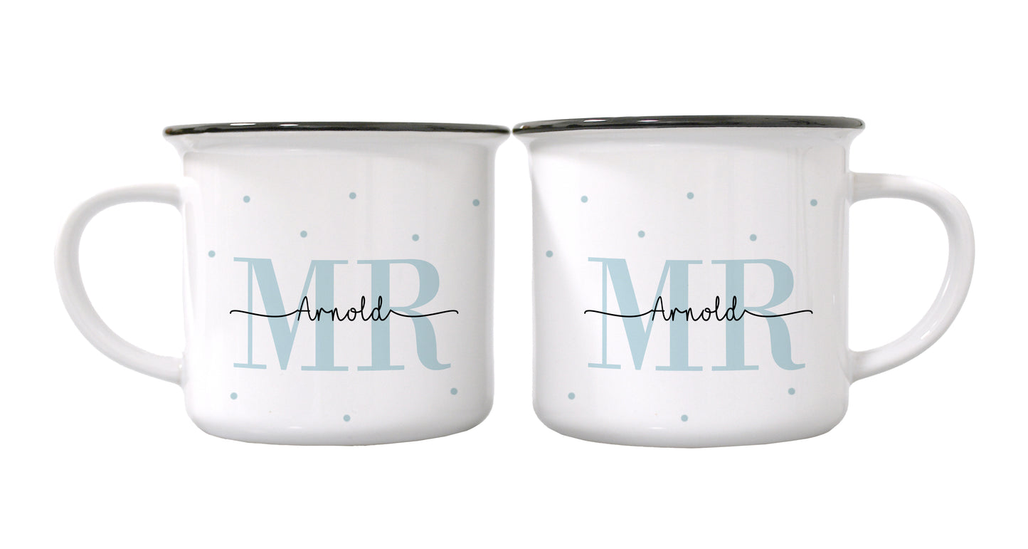 Keramik Emaille-Optik Tassen-Set mit Namen + Datum | Mr + Mr
