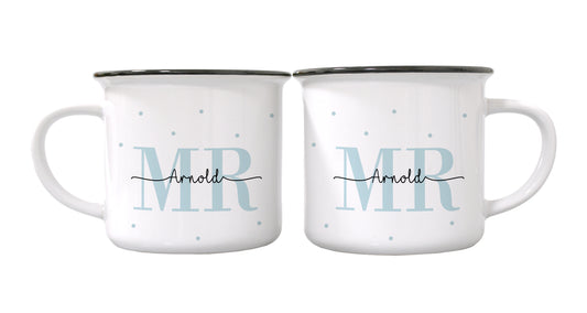 Keramik Emaille-Optik Tassen-Set mit Namen + Datum | Mr + Mr