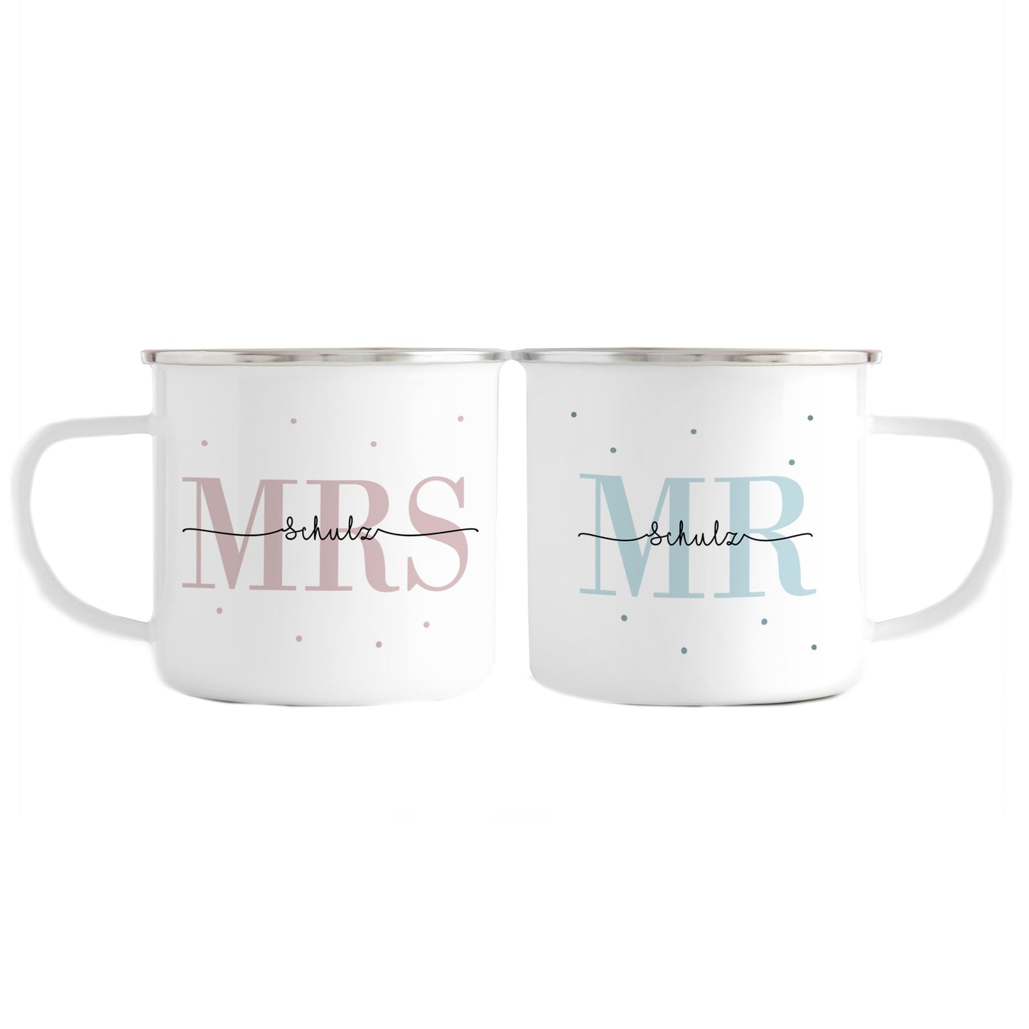 Emaille Tassen-Set mit Namen + Datum | Mrs + Mr