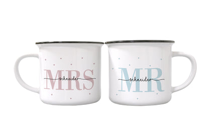 Keramik Emaille-Optik Tassen-Set mit Namen + Datum | Mrs + Mr