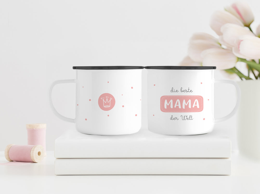 Emaillebecher | Emaille Tasse mit schwarzem Rand | Die beste Mama der Welt | Geschenk zum Geburtstag oder Muttertag