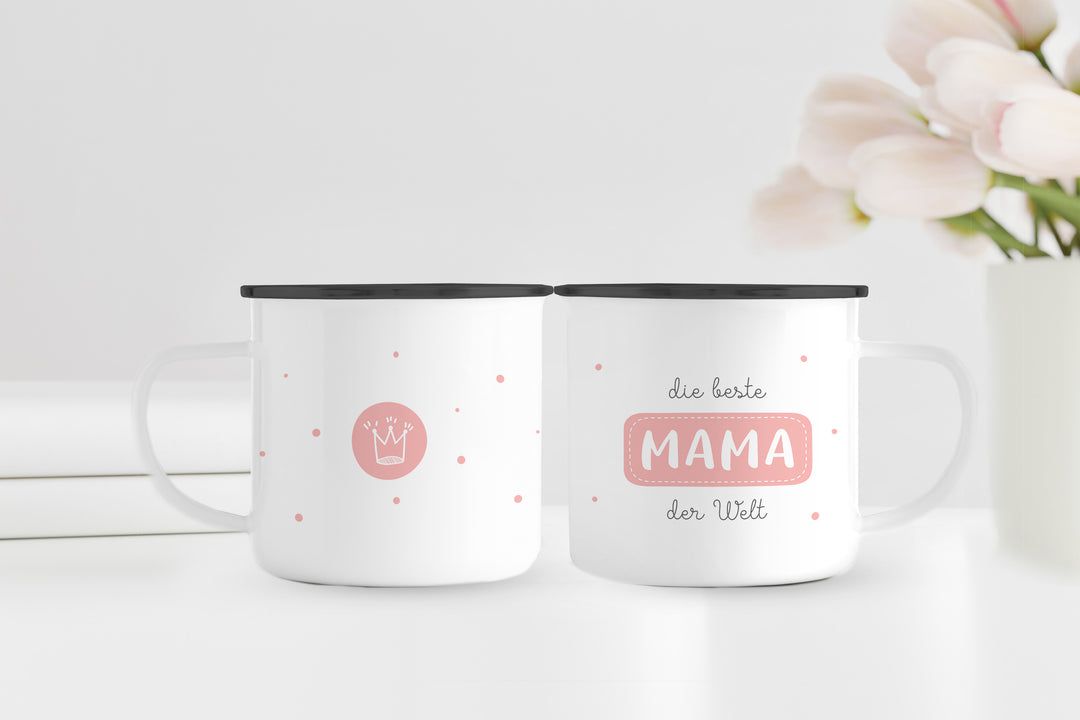 Emaillebecher | Emaille Tasse mit schwarzem Rand | Die beste Mama der Welt | Geschenk zum Geburtstag oder Muttertag
