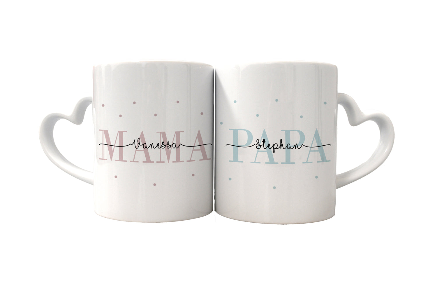 Keramik Herzhenkel Tassen-Set mit Namen + Kinder Geburtsjahr | Mama + Papa