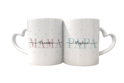 Keramik Herzhenkel Tassen-Set mit Namen + Kinder Geburtsjahr | Mama + Papa
