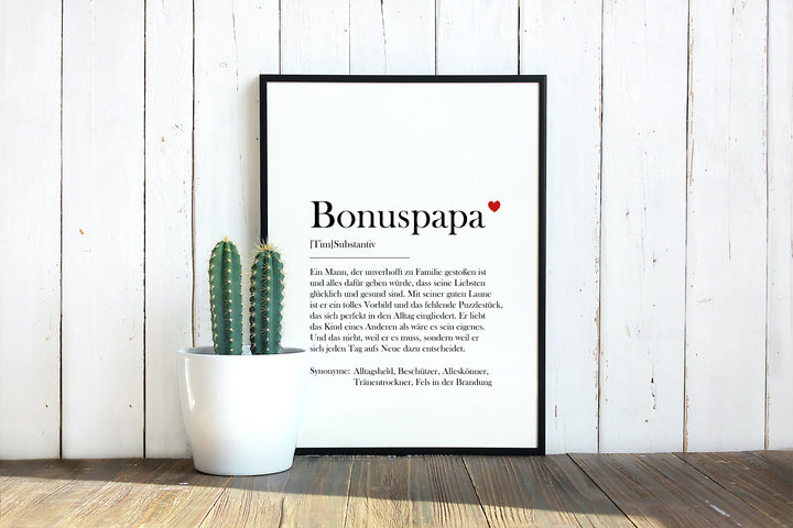 Bonuspapa | Wandbild DIN A4 personalisiert | mit Rahmen und Echtglas