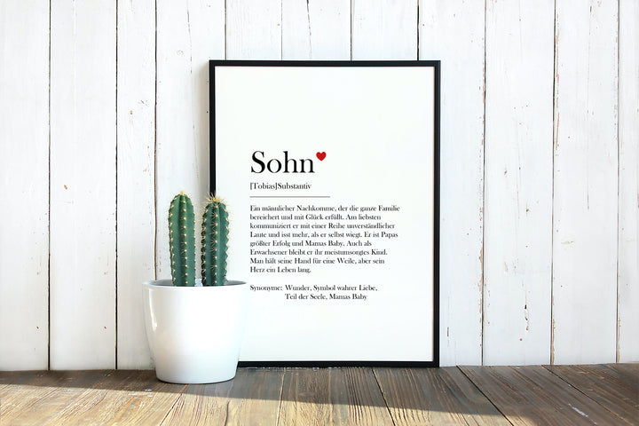 Personalisiertes Wandbild | mit Wunschnamen | SOHN | DIN A4 | mit Rahmen und Echtglas | Poster mit liebevoller Sohn Duden Definition