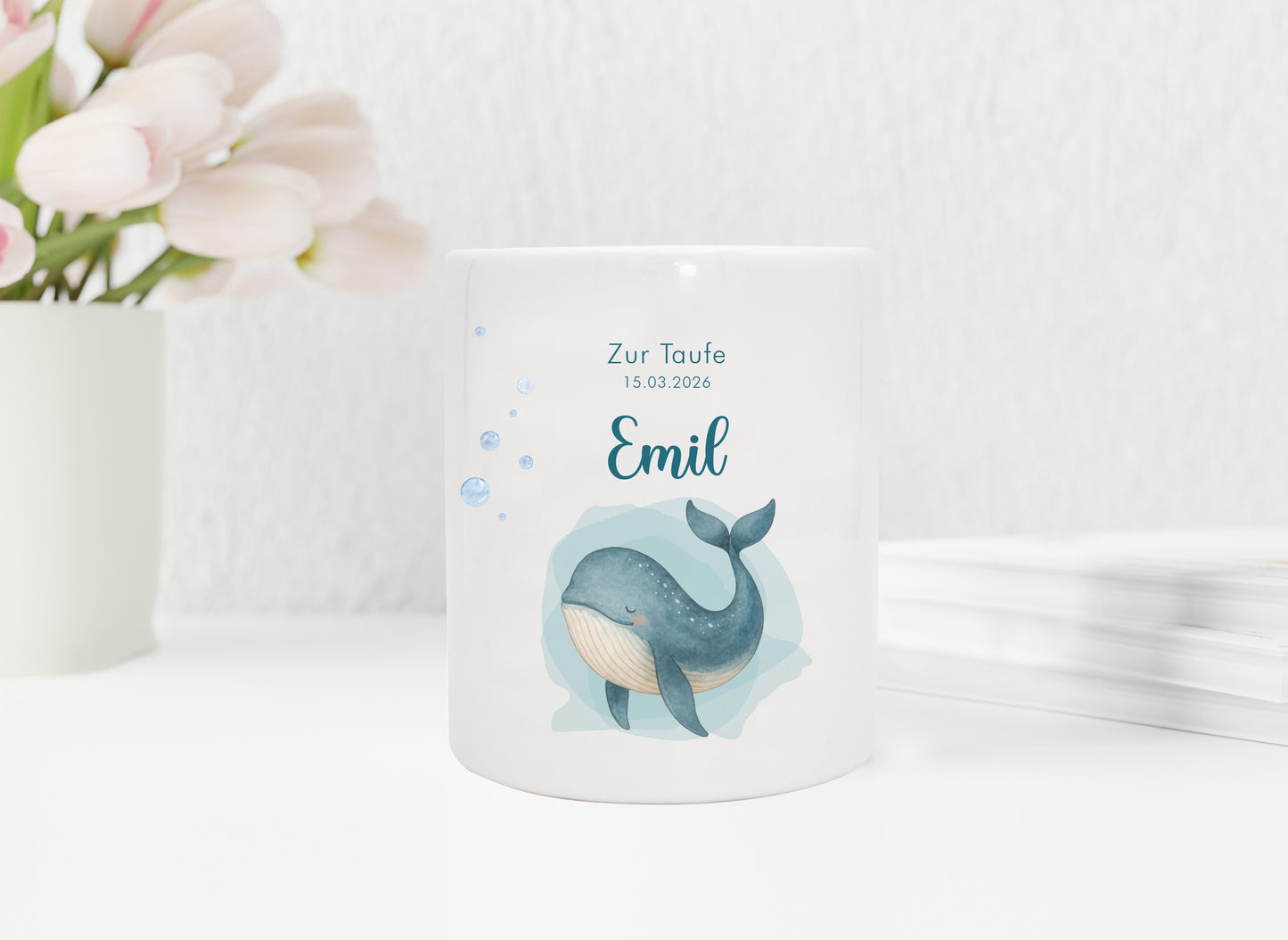 Keramik Spardose mit Name, Datum + Anlass | Wal klein