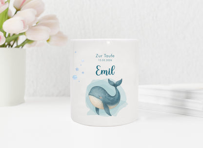 Keramik Spardose mit Name, Datum + Anlass | Wal klein