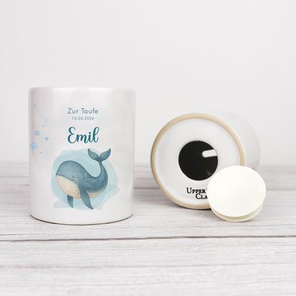 Keramik Spardose mit Name, Datum + Anlass | Wal klein