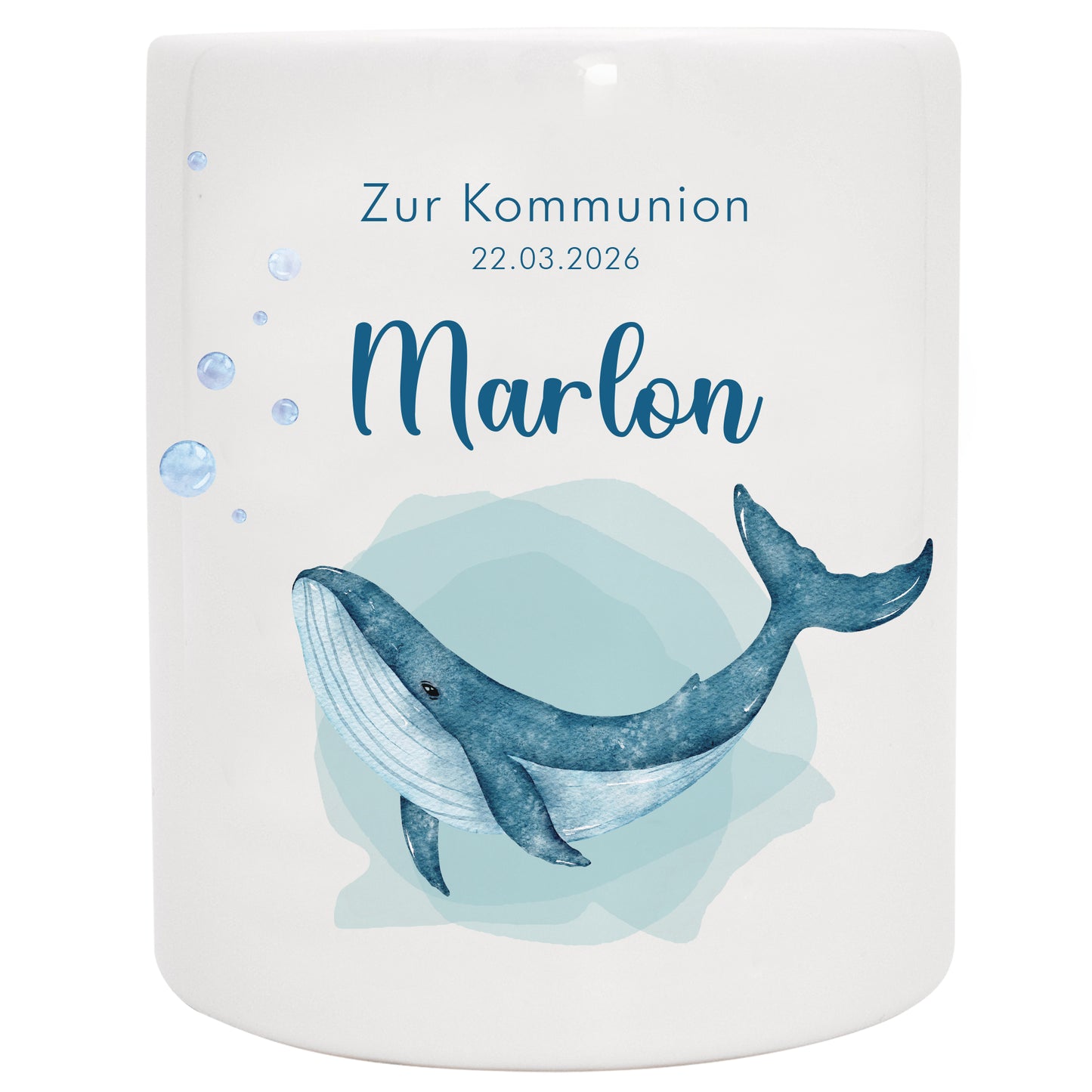 Keramik Spardose mit Name, Datum + Anlass | Wal groß