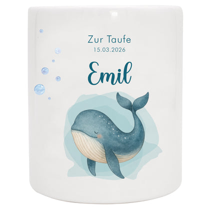 Keramik Spardose mit Name, Datum + Anlass | Wal klein