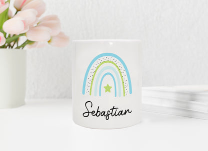 Keramik Spardose mit Name | Regenbogen blau- grün