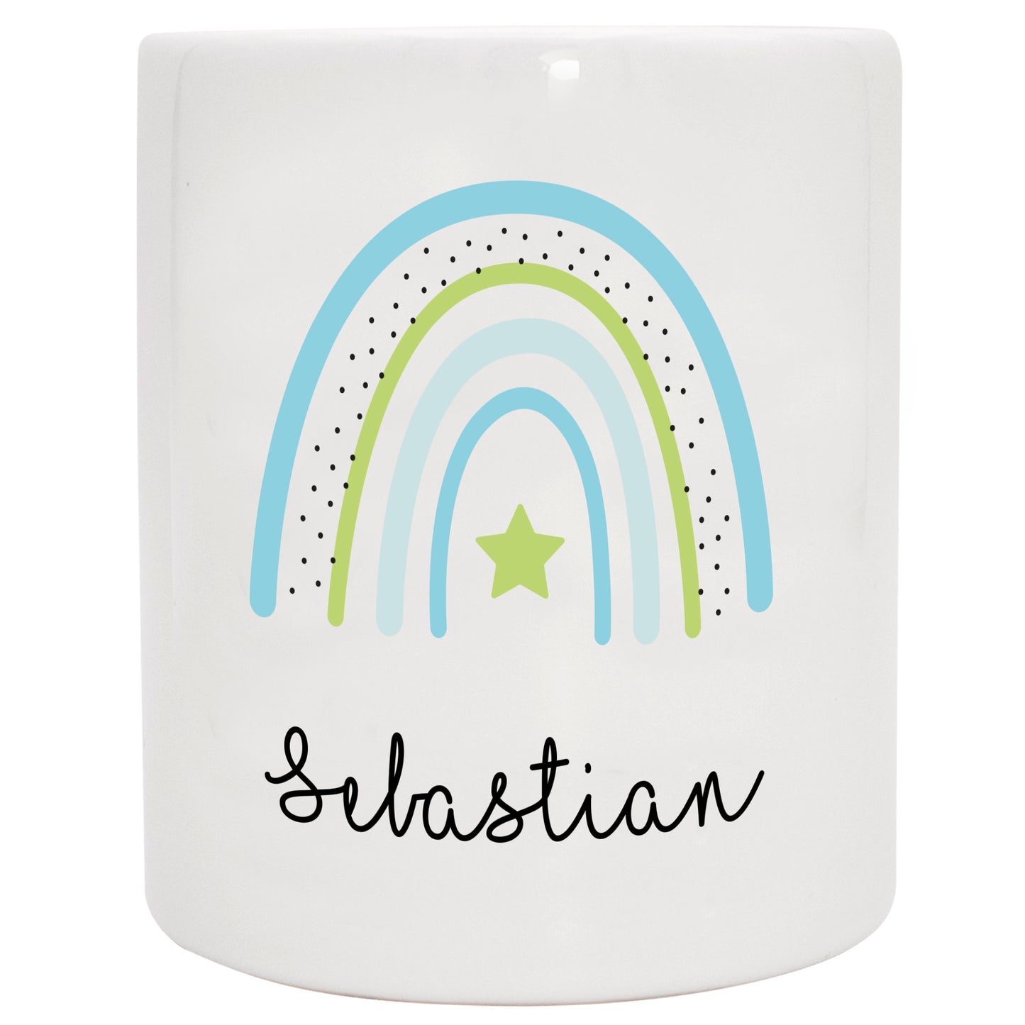 Keramik Spardose mit Name | Regenbogen blau- grün