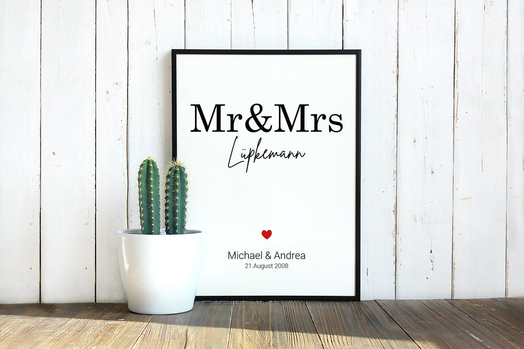 Personalisiertes Wandbild | mit Wunschnamen | Datum | Mr. + Mrs. | DIN A4 | mit Rahmen und Echtglas | Poster als Geschenk zur Hochzeit