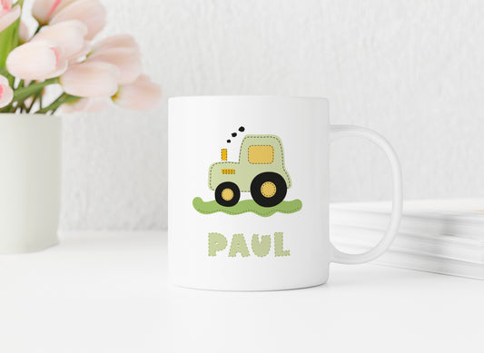 Keramik Tasse mit Namen | Traktor grün