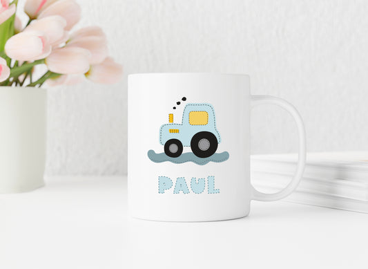 Keramik Tasse mit Namen | Traktor blau