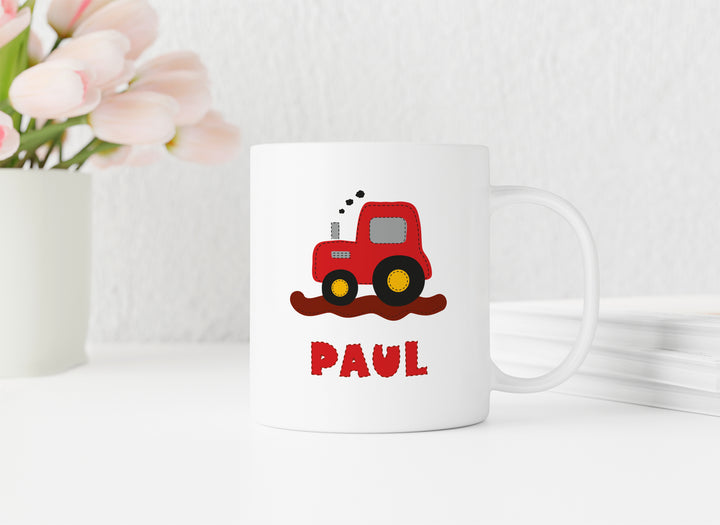 Personalisierte Tasse | mit Wunschnamen | Traktor rot | Geschenk mit Name zum Geburtstag für Trecker Fans, Junge und Mädchen