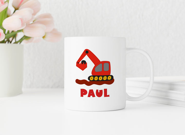 Personalisierte Tasse | mit Wunschnamen | Bagger rot | Geschenk mit Name zum Geburtstag für Bauarbeiter Fans, Junge und Mädchen