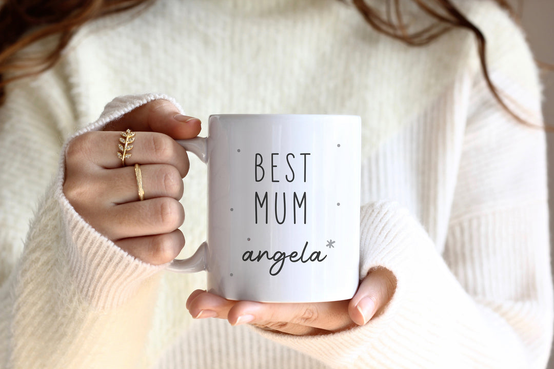 Best (Bonus) Mum Tasse | Mama | Geschenk personalisiert | für Mutter, Schwiegermutter, Oma | grau | Keramik Kaffeetasse mit Wunschnamen