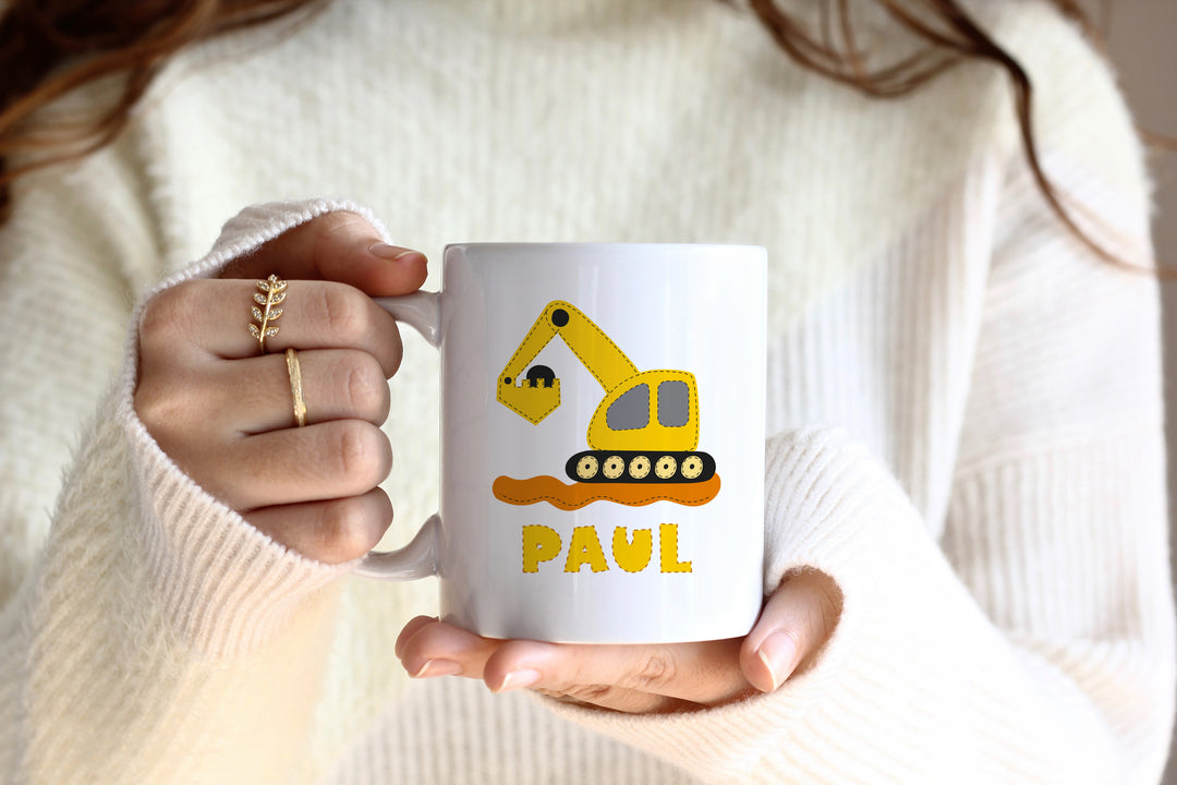 Personalisierte Tasse | mit Wunschnamen | Bagger gelb | Geschenk mit Name zum Geburtstag für Bauarbeiter Fans, Junge und Mädchen