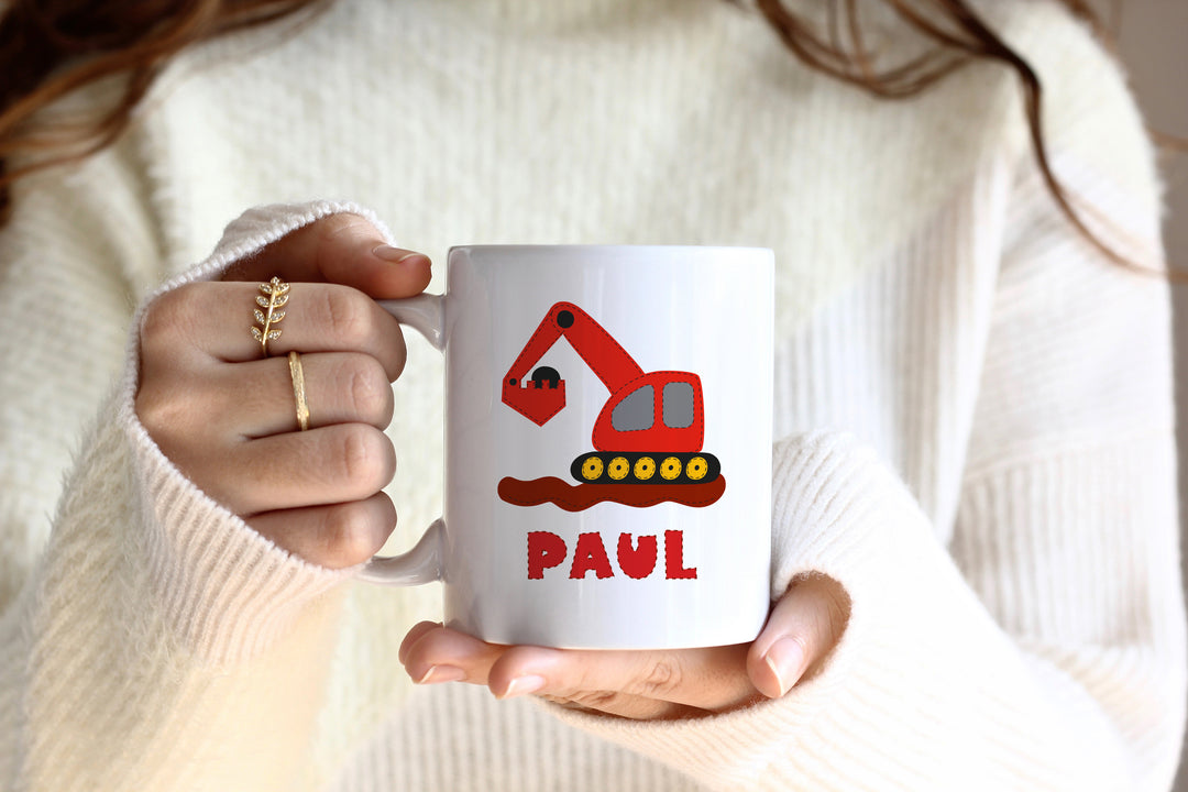 Personalisierte Tasse | mit Wunschnamen | Bagger rot | Geschenk mit Name zum Geburtstag für Bauarbeiter Fans, Junge und Mädchen