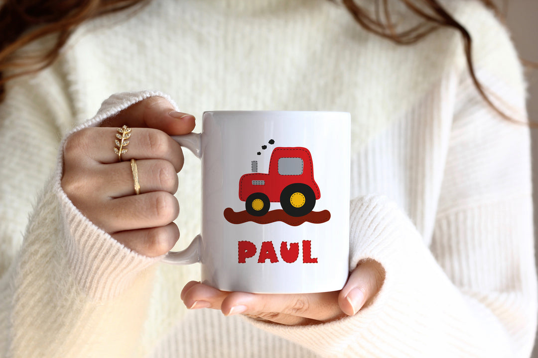 Personalisierte Tasse | mit Wunschnamen | Traktor rot | Geschenk mit Name zum Geburtstag für Trecker Fans, Junge und Mädchen