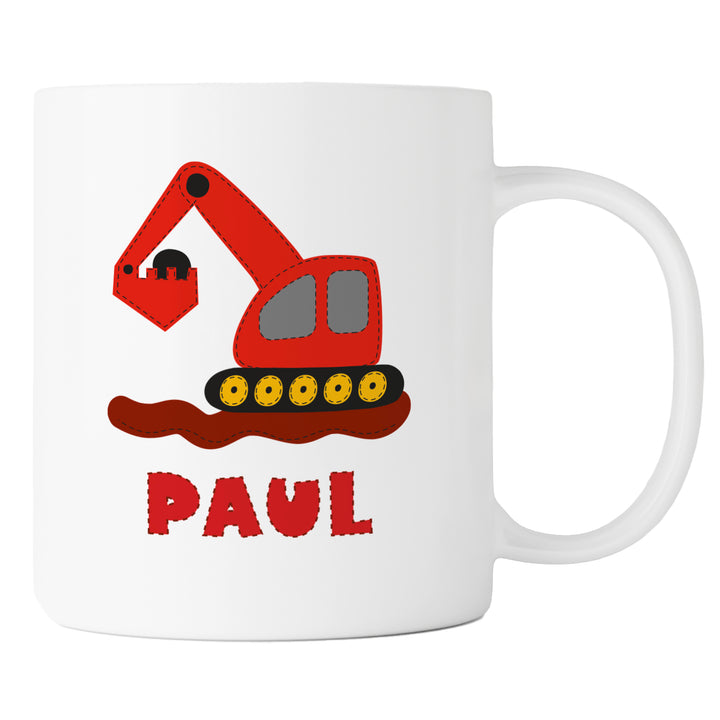 Personalisierte Tasse | mit Wunschnamen | Bagger rot | Geschenk mit Name zum Geburtstag für Bauarbeiter Fans, Junge und Mädchen