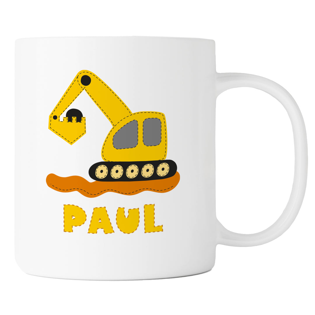Personalisierte Tasse | mit Wunschnamen | Bagger gelb | Geschenk mit Name zum Geburtstag für Bauarbeiter Fans, Junge und Mädchen
