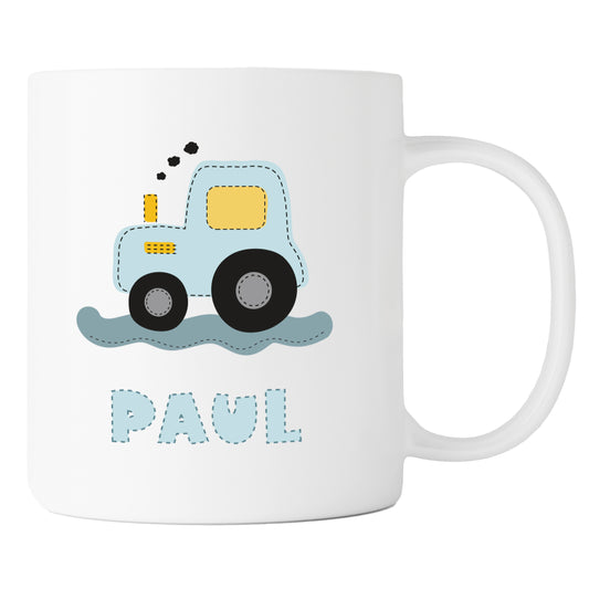 Keramik Tasse mit Namen | Traktor blau