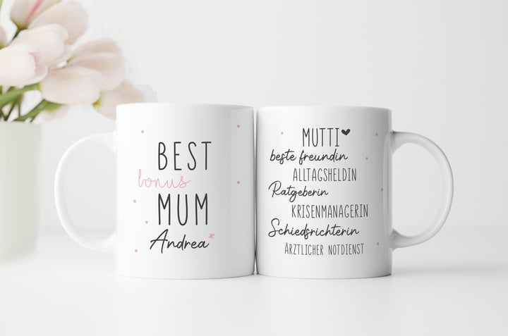 Best (Bonus) Mum Tasse | Mama | Geschenk personalisiert | für Mutter, Schwiegermutter, Oma | rosa | Keramik Kaffeetasse mit Wunschnamen