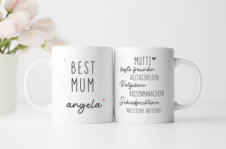 Best (Bonus) Mum Tasse | Mama | Geschenk personalisiert | für Mutter, Schwiegermutter, Oma | rosa | Keramik Kaffeetasse mit Wunschnamen