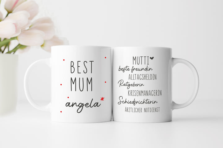 Best (Bonus) Mum Tasse | Mama | Geschenk personalisiert | für Mutter, Schwiegermutter, Oma | rot | Keramik Kaffeetasse mit Wunschnamen