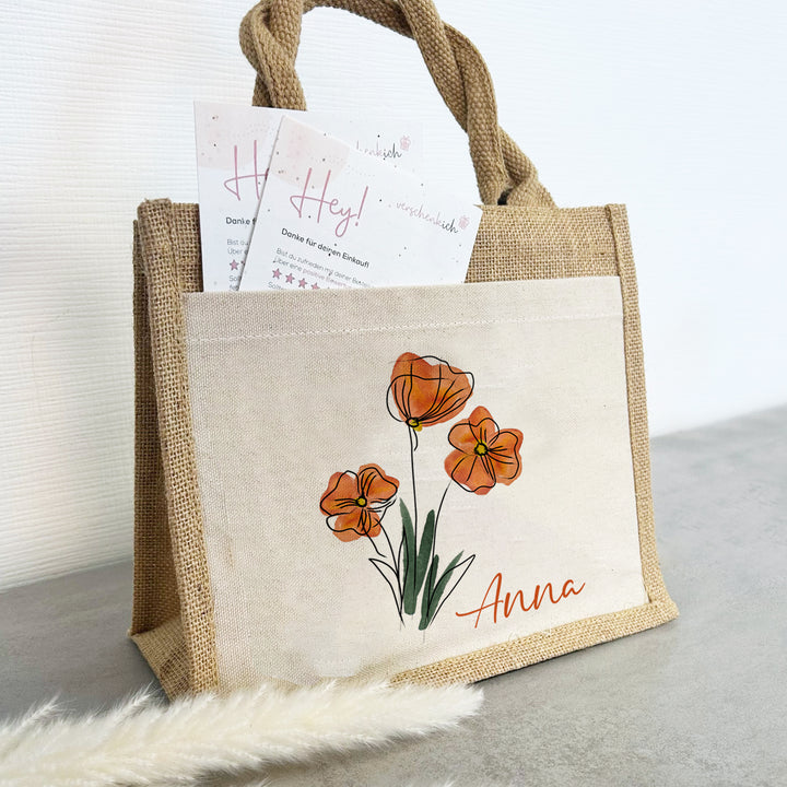 Personalisierte Jute Pocket Tasche | mit Wunschnamen | Frühling | Mohnblumen | an Blumen erfreuen | auch als Geschenktasche