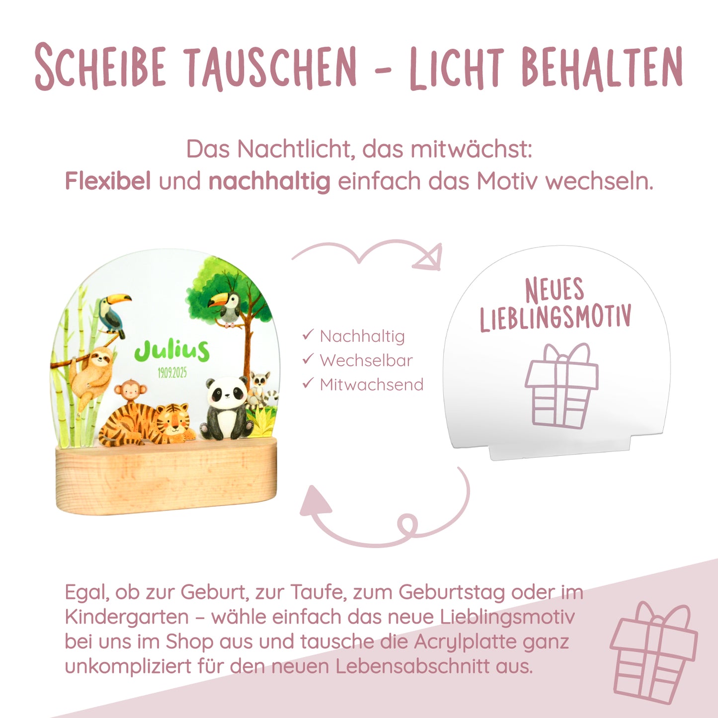 Personalisierte LED Lampe | Nachtlicht aus Holz und Acryl | Geschenk zur Taufe oder Geburt