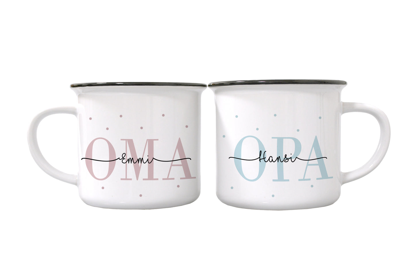 Keramik Emaille-Optik Tassen-Set mit Namen + Enkel Geburtsjahr | Oma +Opa