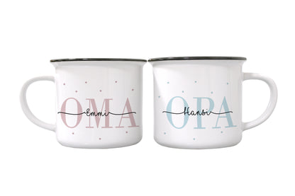 Keramik Emaille-Optik Tassen-Set mit Namen + Enkel Geburtsjahr | Oma +Opa