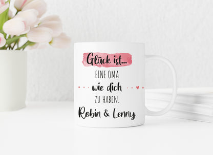 Oma | Kaffeetasse | Glück ist eine wie dich zu haben | Tasse mit Wunschnamen personalisiert | Geschenk | weiß oder Henkel+Innen rosa