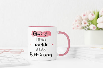 Oma | Kaffeetasse | Glück ist eine wie dich zu haben | Tasse mit Wunschnamen personalisiert | Geschenk | weiß oder Henkel+Innen rosa
