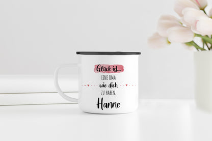 Emaille Tasse mit Namen | Glück ist eine Oma wie dich zu haben