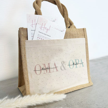 Personalisierte Geschenktasche | Oma + Opa | mit Name | Jute Pocket Tasche | besondere Geschenkverpackung für Großerltern von Enkel Kinder