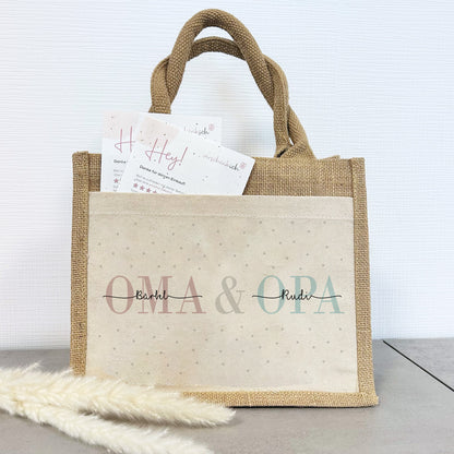 Personalisierte Geschenktasche | Oma + Opa | mit Name | Jute Pocket Tasche | besondere Geschenkverpackung für Großerltern von Enkel Kinder