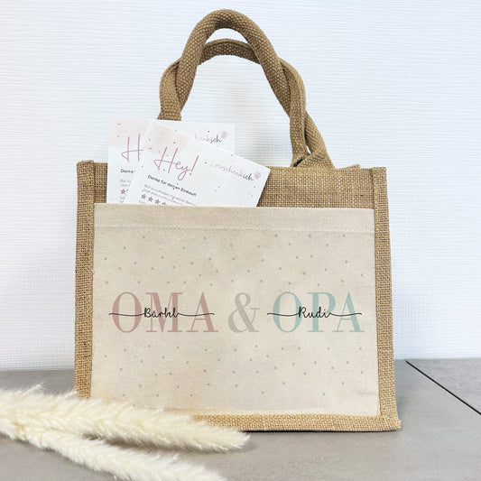 Personalisierte Geschenktasche | Oma + Opa | mit Name | Jute Pocket Tasche | besondere Geschenkverpackung für Großerltern von Enkel Kinder