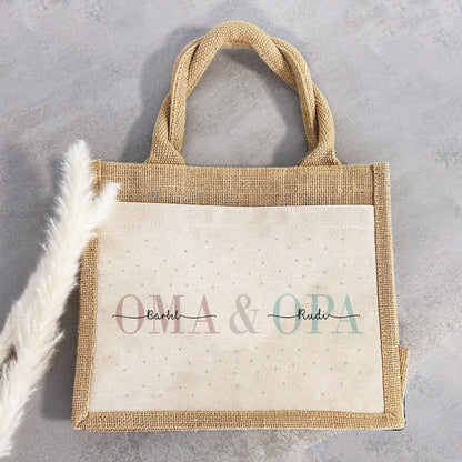 Personalisierte Geschenktasche | Oma + Opa | mit Name | Jute Pocket Tasche | besondere Geschenkverpackung für Großerltern von Enkel Kinder