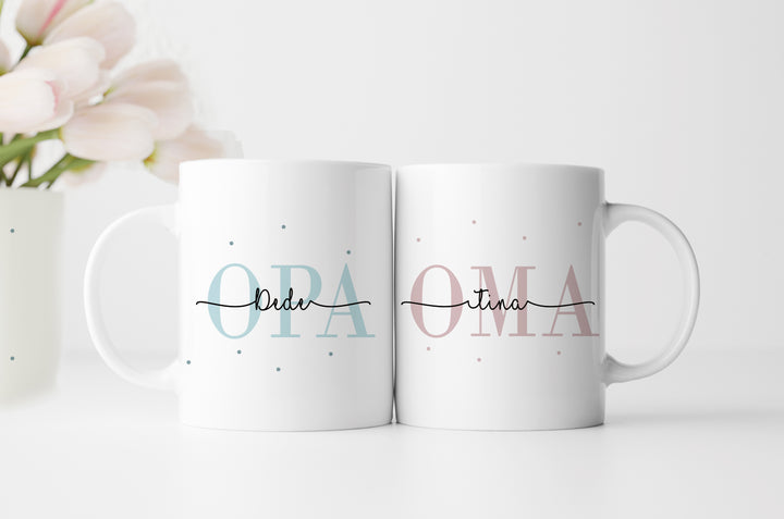 Personalisierte Tassen im Set | Kaffeetasse für Oma + Opa | mit Enkelkind Namen und Geburtsjahr | Keramik | für Großeltern von Kindern