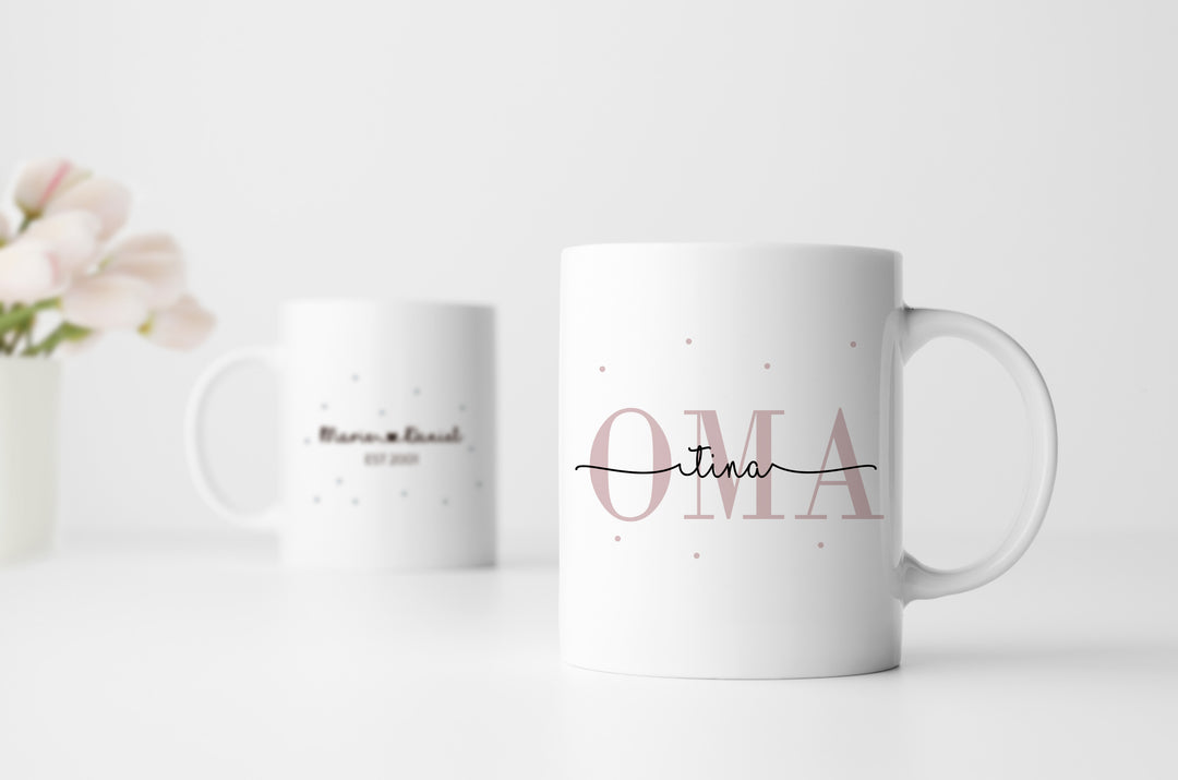 Personalisierte Tassen im Set | Kaffeetasse für Oma + Opa | mit Enkelkind Namen und Geburtsjahr | Keramik | für Großeltern von Kindern