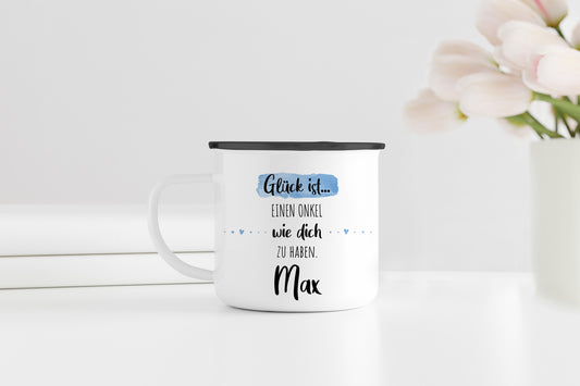 Emaille Tasse mit Namen | Glück ist einen Onkel wie dich zu haben