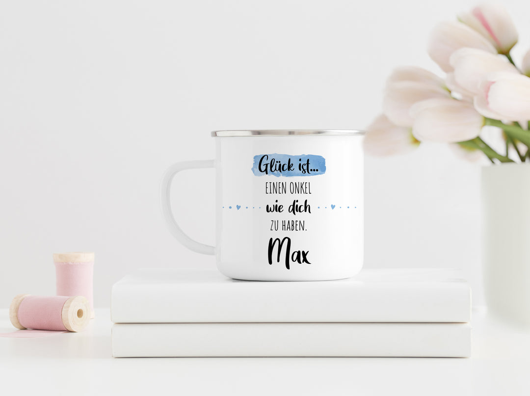 Onkel | Emaille Kaffeebecher personalisiert | Glück ist einen wie dich zu haben | Tasse mit Name | Geschenk | Rand silber oder schwarz