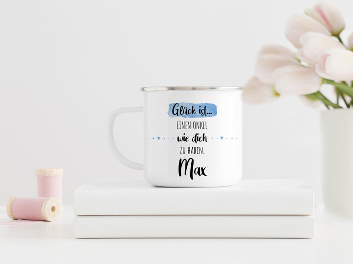 Onkel | Emaille Kaffeebecher personalisiert | Glück ist einen wie dich zu haben | Tasse mit Name | Geschenk | Rand silber oder schwarz